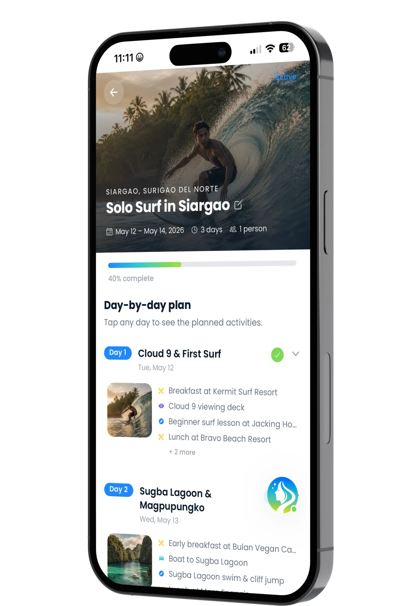 Odysa app — Solo Surf in Siargao trip detail